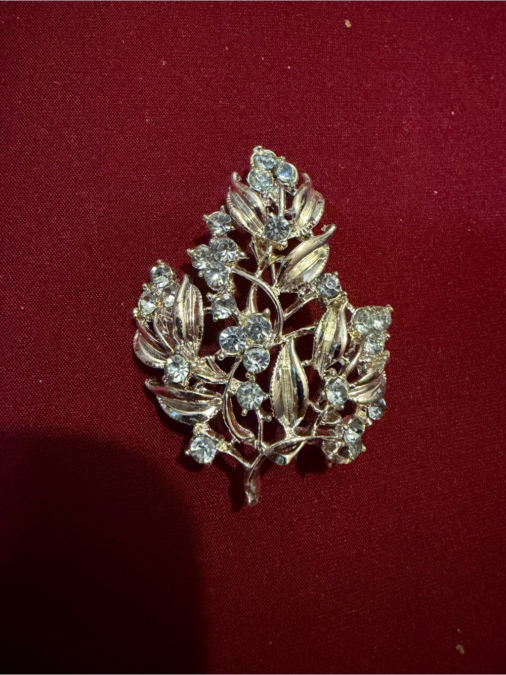 Vintage Clear Rhinestone Floral Spray Brooch Silver Tone Flower Leaf Pin